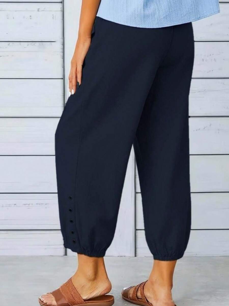 Women's Solid Color Casual Versatile Daily Wear Pants - Navy Blue - View 1