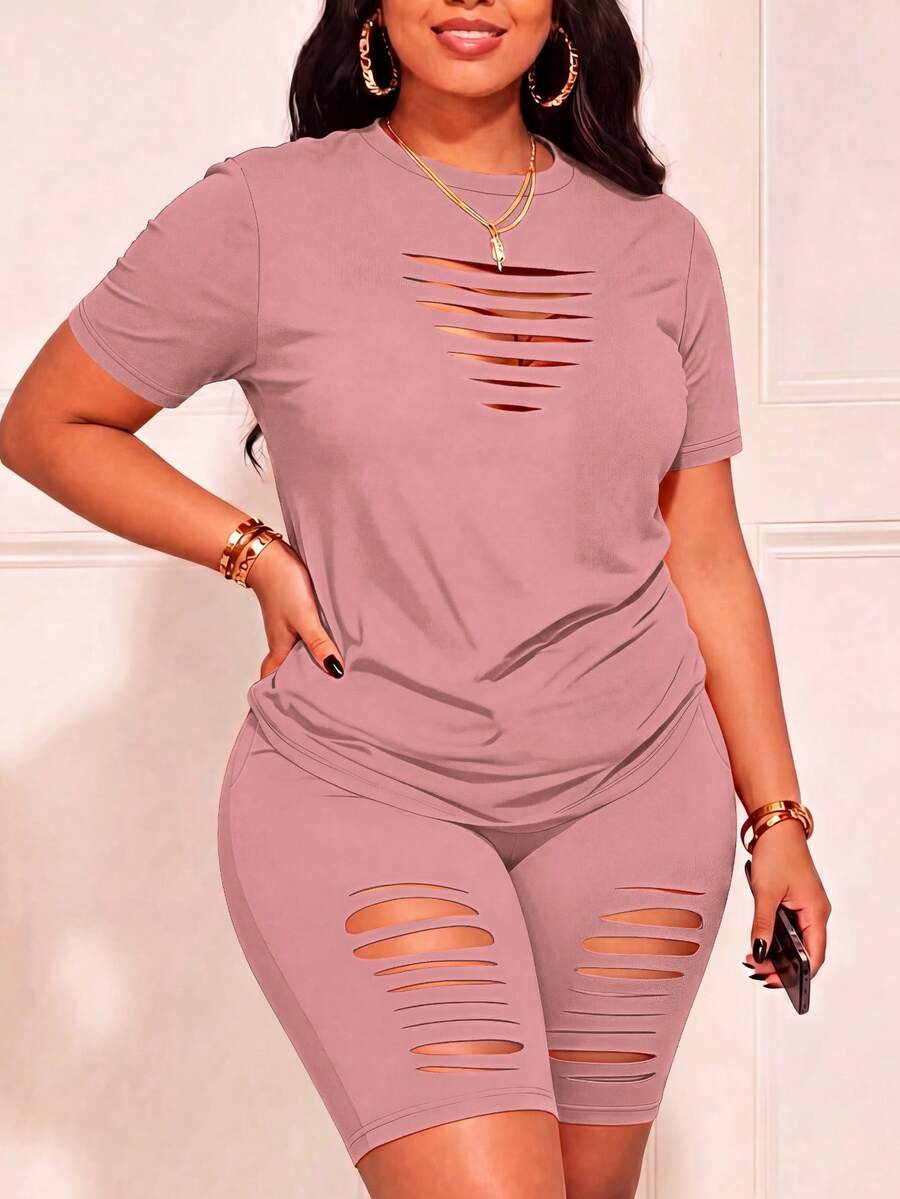 Plus Size Women Sexy Hollow Out T-Shirt & Shorts Set, Spring Summer Autumn Elegant - Grey Powder 64 - View 1