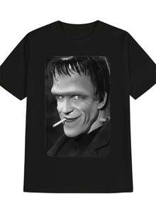 Camiseta Casual de Cuello Redondo para Hombre, Estampado de Personaje de Cabello Oscuro, Regalo para Hombres - Negro - Ver 1