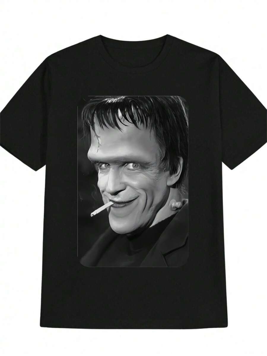 Camiseta Casual de Cuello Redondo para Hombre, Estampado de Personaje de Cabello Oscuro, Regalo para Hombres - Negro - Ver 1