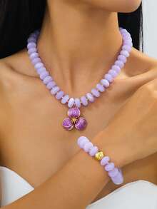 1pc Women's Resin Mixed Color Bracelet & 1pc Asymmetric Floral Necklace Set - Flower Shape - View 4
