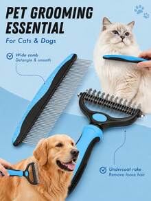 Pet Grooming Comb, Stainless Steel Undercoat Rake And Detangling Comb, Suitable For Cats And Dogs, Ergonomic Deshedding Tool, Removes Loose Hair, Mats And Knots, Summer Hair Care Essential - Multicolor - View 2