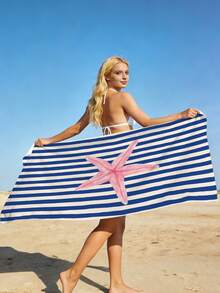 1pc Blue Striped Beach Towel, Minimalist Striped Starfish Print Large Beach Towel, Ultra-Fine Fiber Quick-Dry Absorbent Sand-Resistant Beach Towel, Towel, Suitable For Travel, Swimming Pool, Diving, Surfing, Yoga, Camping, Beach Party And Party Decoration Beach Towel, Summer Beach Travel Essential, Vacation Bathroom Decoration Water Party Multi-Functional Beach Towel - Dark Blue Stripes - View 6