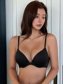 DAZY 女士黑色蕾丝前扣文胸 - 性感吊带式提拉设计 - 黑色 - 查看 6