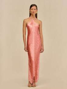 Long Party Dress With Fringe, Halter Neckline And Back Slit - Pink - View 6