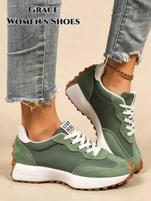 Women's Lightweight Running Shoes, Lace-Up Closure, Multi-Functional Flat Sole, Breathable Stitching Design, Multiple Colors Available, All-Season Outdoor Shoes - Green - View 4