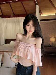 A Chic And Simple Round-Neck Top Perfect For Summer; A Round-Neck Shirt That Has A Luxurious Feel And A Slimming Effect, Making You Look More Stylish. - Pink - View 2