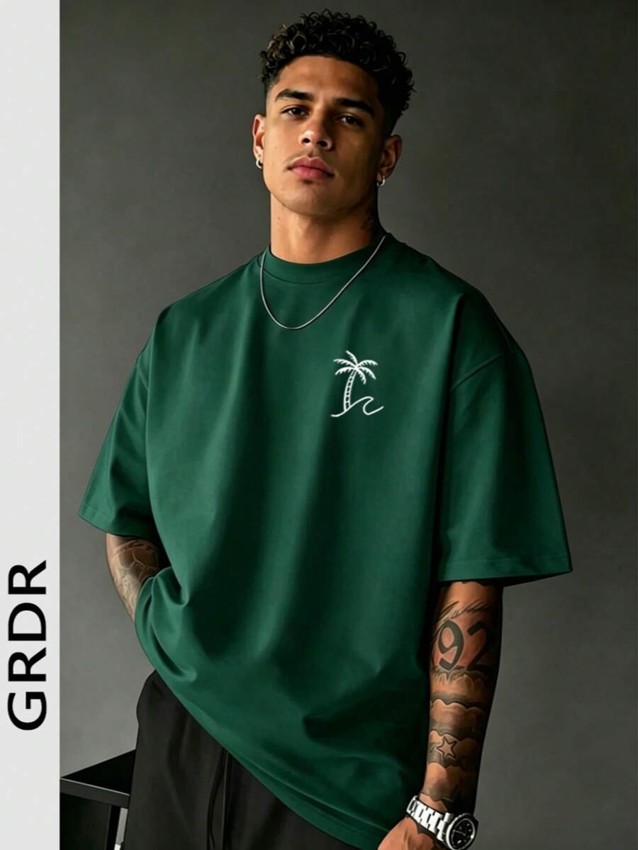 GRDR Men's Round Neck Fashionable Palm Tree Printed Short Sleeve T-Shirt, Casual - Dark Green - View 1