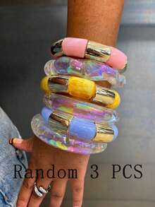 3pcs Random Bohemian Geometric Asymmetrical Y2K Colorful Transparent Acrylic Holographic Cuff Bracelets, Luxurious Casual Party Women Couple Wedding Vacation Versatile Jewelry Bracelet Gift - Multicolor - View 4