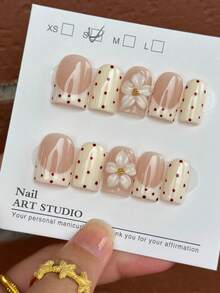 10pcs Polka Dot French Carved European Square Style Medium Short Y2K Cute Girl Round Dot Nails, Minimalist Versatile Handmade Nail Tips, Suitable For Daily Wear, Press-On Nail Stickers, Nail Art Supplies For Women - Multicolor - View 2