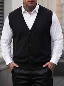 Men's Plus Size Solid Color V-Neck Cardigan Vest - Black - View 3
