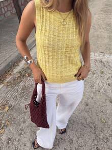 1 pieza Chaleco de punto sin mangas de textura acanalada, de estilo vintage, de alta gama, cuello redondo, de color contrastante, de moda minimalista, para el verano - Amarillo - Ver 10