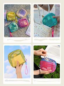 1 pieza Bolsa de almacenamiento de malla transpirable portátil, organizador multifuncional pequeño con cremallera para cosméticos & electrónicos, caja de malla de color contrastante portátil, adecuada para viajes y artículos pequeños diarios (color de cordón aleatorio) - Multicolor - Ver 9