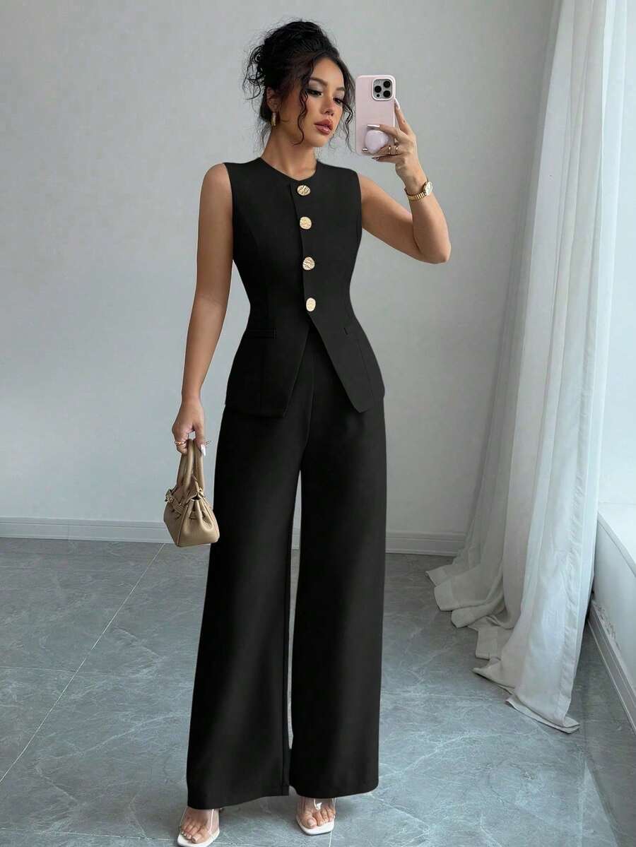Women's Smart Casual/Office Suit With Floral Print Button Embellishment - 黑色 - 查看 1