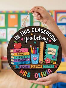 1pc Personalized Teacher Name Sign, Custom Classroom Door Hanger, Back To School Gift,Teacher Appreciation Gift,Classroom Decor,New Teacher Welcome Sign,In This Classroom You Belong Door Decor,Elementary Teacher Door Hanger - Multicolor - View 4