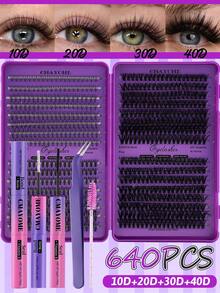 CMAYOME 640pcs Cluster Curl False Eyelashes, Create Thick And Fluffy Natural Eye Makeup Effect. Set Includes Glue, Tweezers And Eyelash Brush, Large Capacity Single Cluster Eyelash Container, DIY Fox Eye Makeup Segmented Eyelash Extension, Eye Makeup Set. - Purple - View 16