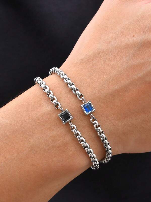 1 pieza Pulsera de acero inoxidable vintage con circonita azul y circonita negra para hombres, joyería, accesorios
