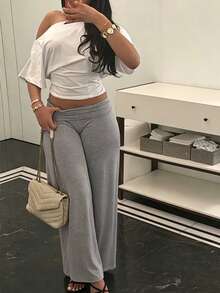 High Waist Wide Leg Casual Pants, Women's Commute Sports Elegant Modern Solid Color Slim Fit Wide Leg Pants Fall - Grey - View 3