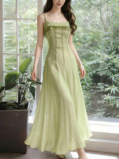 Sage Green Ruffle Hem Bodycon Dress, Elegant Sleeveless Chiffon Formal Party Gown, Summer Beach Wear Wedding Spring Fall