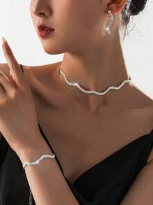 Women Necklace Bracelet Jewelry Set Earrings Wedding Bridal Rhinestone Accessories Set - Silver - View 9