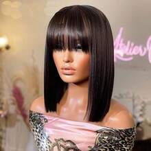 Natural Black Colored Short Bob With Bangs Full Machine Made Wig 12inch Silk Straight Glueless Wig No Lace Ready To Wear Real Human Hair Wig Cap For Beginners Non Lace Wig Bob Wig - Natural Black - View 3