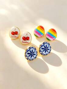 1 Pair Blue And White Porcelain Flower Stud Earrings For Women, Daily And Vacation Wear - FLOWER Earring - View 1