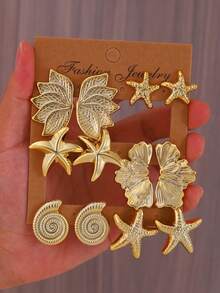 2/12PCS Anting Tusuk Gaya Laut Emas Seri Cocok untuk Pemakaian Sehari-hari di Pantai, Perjalanan Liburan, Hadiah Terbaik untuk Keluarga dan Teman - Emas - View 1
