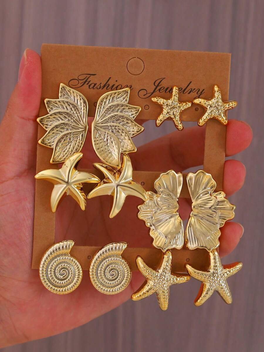 2/12PCS Anting Tusuk Gaya Laut Emas Seri Cocok untuk Pemakaian Sehari-hari di Pantai, Perjalanan Liburan, Hadiah Terbaik untuk Keluarga dan Teman - Emas - View 1