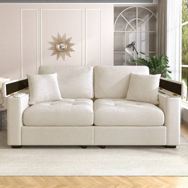 Sofá de salón Flieks de 180 cm, moderno, de 2 plazas, en color beige, con espacio de almacenamiento en el reposabrazos, suave tejido de chenilla, incluye 2 cómodos cojines y relleno de espuma de alta densidad para una máxima comodidad.