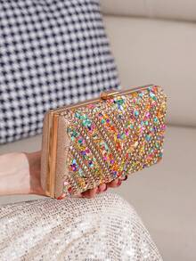 Handmade Evening Clutch/Handbag With Glitter And Rhinestone Embellishments, Party Bag, Cosmetic Bag, Shoulder Bag With Strap, Fashion Handbag - 米色 - 查看 6