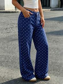 Celana Jeans Wanita Motif Polkadot Lucu, Celana Panjang Kasual, Desain Detail Kancing dan Resleting, Kain Tidak Melar - Navy Blue - View 4