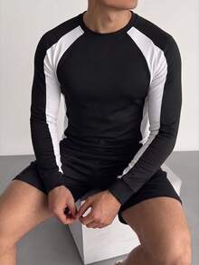 ZYNTH BALENO Camiseta de manga raglán con parches de moda para hombres, cuello redondo, manga larga, adecuada para gimnasio, correr, senderismo, color negro, primavera - Negro - Ver 3
