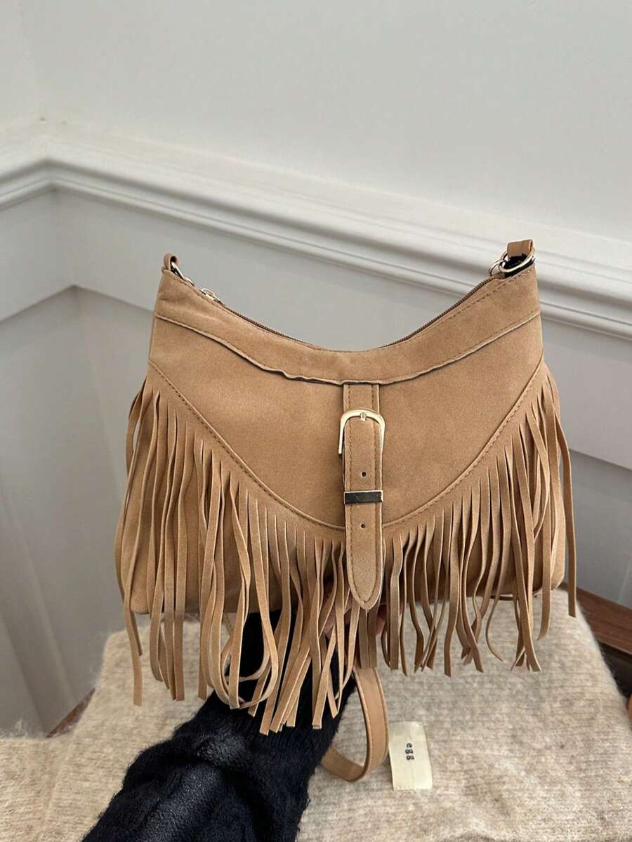 New Solid Color Fashion Personalized Tassel Women's Bag, Large Capacity Shoulder Crossbody Bucket Bag - Khaki - View 1