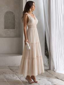 Spring/SummerWhite V-Neck Spaghetti Strap Vacation Dress, Suitable For Beach Vacation, Restaurant Date, Beach Dinner, Garden Picnic - Apricot - View 7