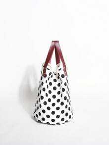 Bolsa Tote de Lona com Blocos de Cor Preto e Branco e Poá, Grande Capacidade, Estilo Praia e Férias (Posição dos Poás Distribuída Aleatoriamente) - Branco - Visão 3