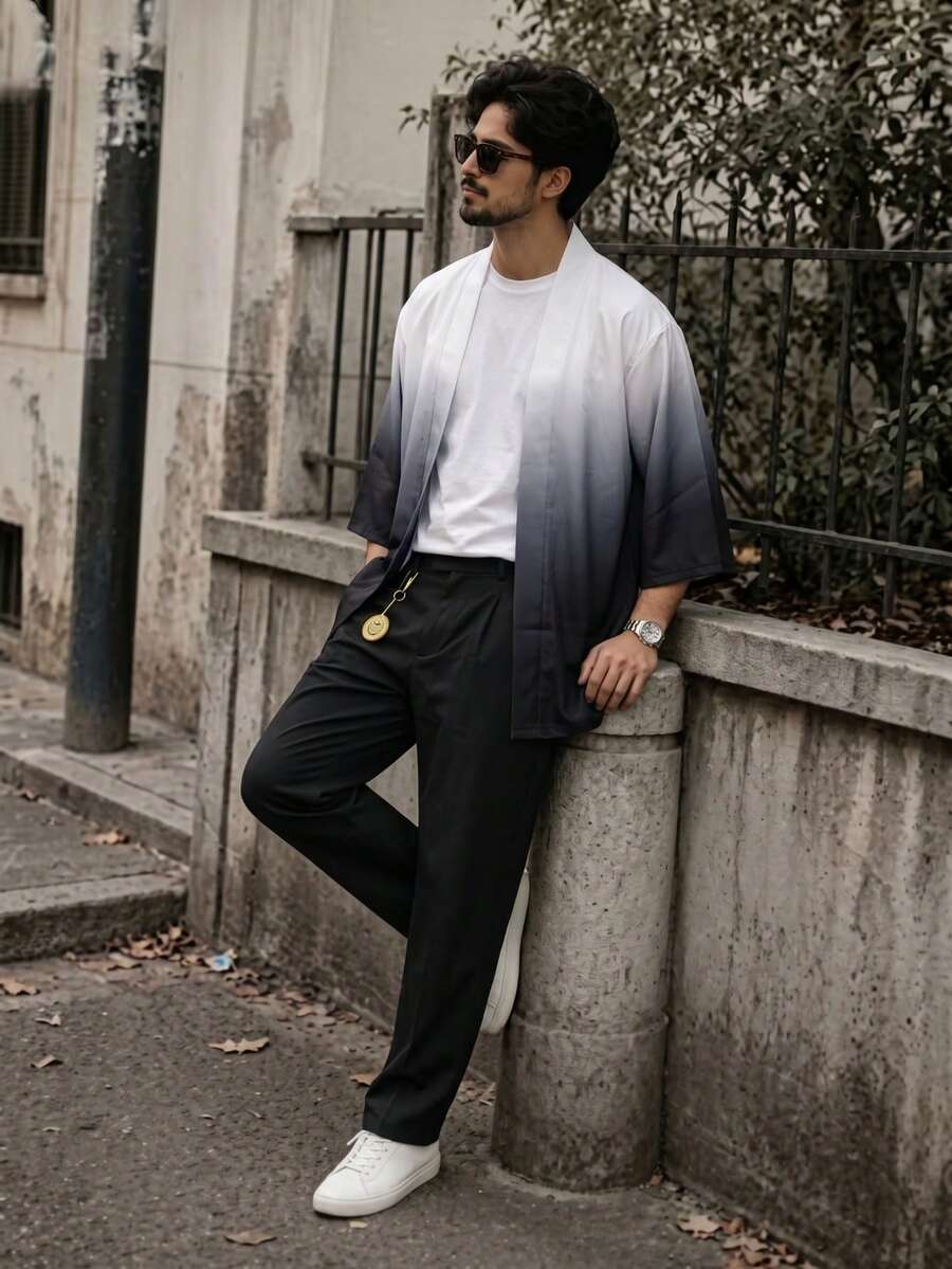 Men's Vintage Gradient Japanese Kimono Print Cardigan Shirt - 100% Polyester Lightweight Loose Collarless Design, Spring Summer Autumn Sun Protection Shawl - Black - View 1