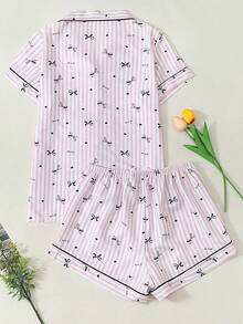 Women's Heart & Bow Print Short Sleeve & Shorts Pajama Set - Pink - View 9