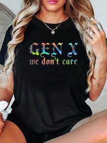 Women's Generation X T-Shirts With Black "We Don't Care" Print - Vintage 80s/90s Style Loose Fit Crew Neck T-Shirt With Cartoon Letter Prints - 黑色 - 查看 1