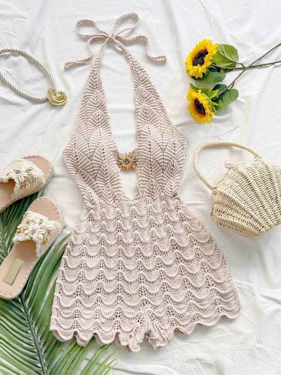 Mono de mujer con textura de ganchillo, espalda descubierta, cuello halter y escote en V, para vacaciones en la playa - Blanco y Negro - Ver 1