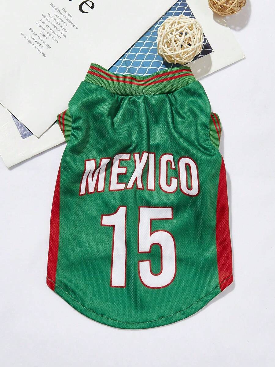 Jersey para mascotas estilo selección nacional mexicana, talla 15, con estampado de letras y números en inglés, cuello de color contrastante, diseño ajustado a la cintura, adecuado para toda - Multicolor - Ver 1