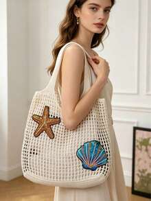 Bolso de hombro de gran capacidad de ganchillo - Bolso de mano tejido ligero y multifuncional, en beige, rosa, marrón, negro, adecuado para viajes, playa, vacaciones y uso diario, bolso gran - Albaricoque 3 - Ver 3