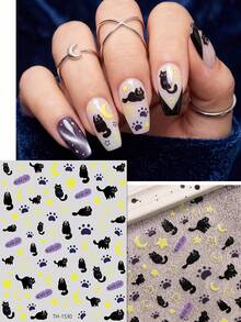 QIANJIKU 4pcs Cute Cartoon 3D Nail Art Stickers Black Cat Paw Star Moon Pet Theme Birthday Party School Graduation Season Salon Nail Artist Supplies - Multicolor - View 5