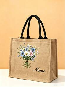 Customizable Linen Tote Bag, Personalized Name & Floral Wreath Pattern, Button Decor, Large Capacity Handbag, Foldable Travel Shopping Bag, Tote - Multicolor - View 14