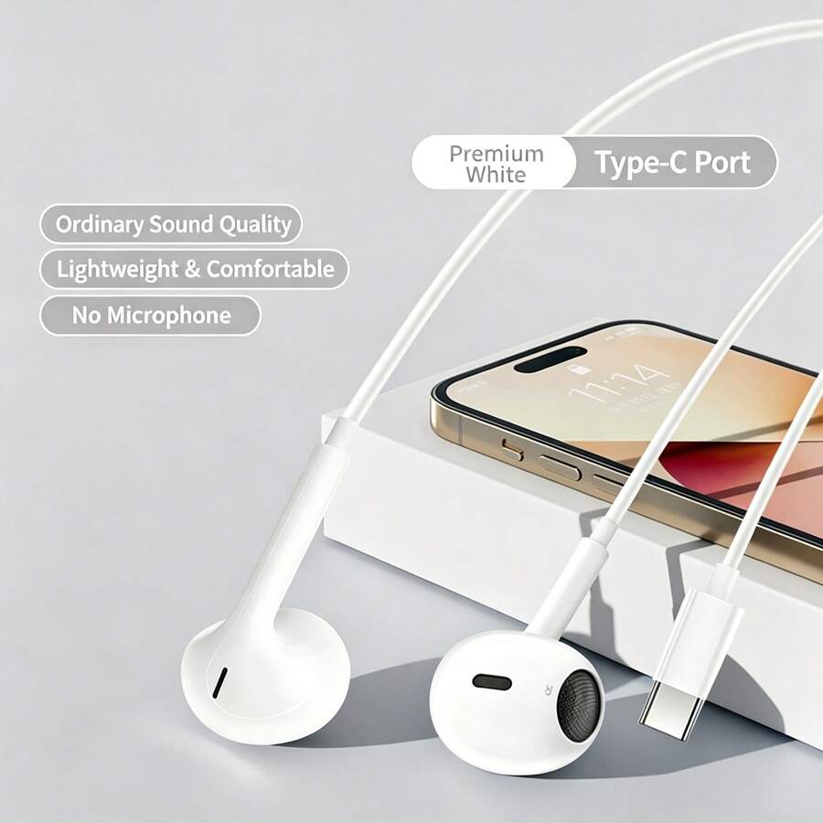 RM-570a Wired Music Earphones Ergonomic Design Comfortable Wear 13mm Dynamic Driver HiFi Sound Quality Compatible With Xiaomi, Vivo And Other Type-C Interface Devices Supports Apple IPhone 15/16 IPhone 17 All Series Apple White
