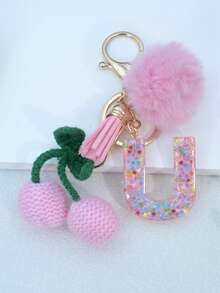1pc Resin Starry Sky Epoxy English Letter Keychain With Tassel And Black Fur Ball Decoration, Heart Pendant Gift For Friend And Mom - Baby Pink - View 32