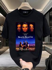 Fashionable Casual Crew Neck T-Shirt - 100% Cotton - "Blood In Blood Out" Movie Poster Print - Streetwear, Home, Sports | Perfect Gift | Machine Washable | - 黑色 - 查看 1