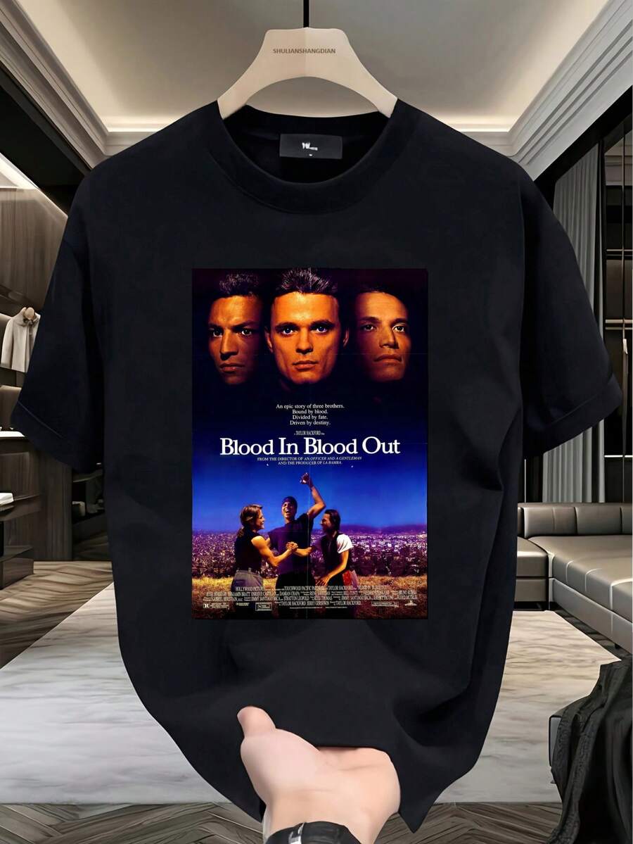Fashionable Casual Crew Neck T-Shirt - 100% Cotton - "Blood In Blood Out" Movie Poster Print - Streetwear, Home, Sports | Perfect Gift | Machine Washable | - 黑色 - 查看 1