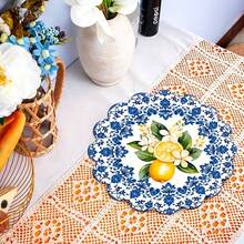 1/2/4/6/8/300PCS 36cm Wavy Round Placemats, 2 Blue Porcelain Lemon Designs. 100% Woven Polyester, Washable, Heat & Waterproof, For Kitchen Table Decor. - Multicolor - View 11