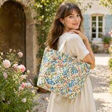 Vintage Blue Red Flower Print Canvas Handbag Casual Daily Shopping Beach Bag - View 6