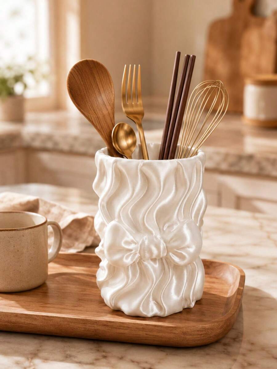 1pc Elegant Pearl White Bow Kitchen Utensil Storage Rack, Pleated Countertop Storage Cup, Suitable For Spoons, Forks, Chopsticks, Coffee Stirrers And Small Kitchen Tools, Modern Kitchen Decor Storage Can, Kitchen Decoration, Kitchen Utensil Storage Rack - Multicolor - View 1